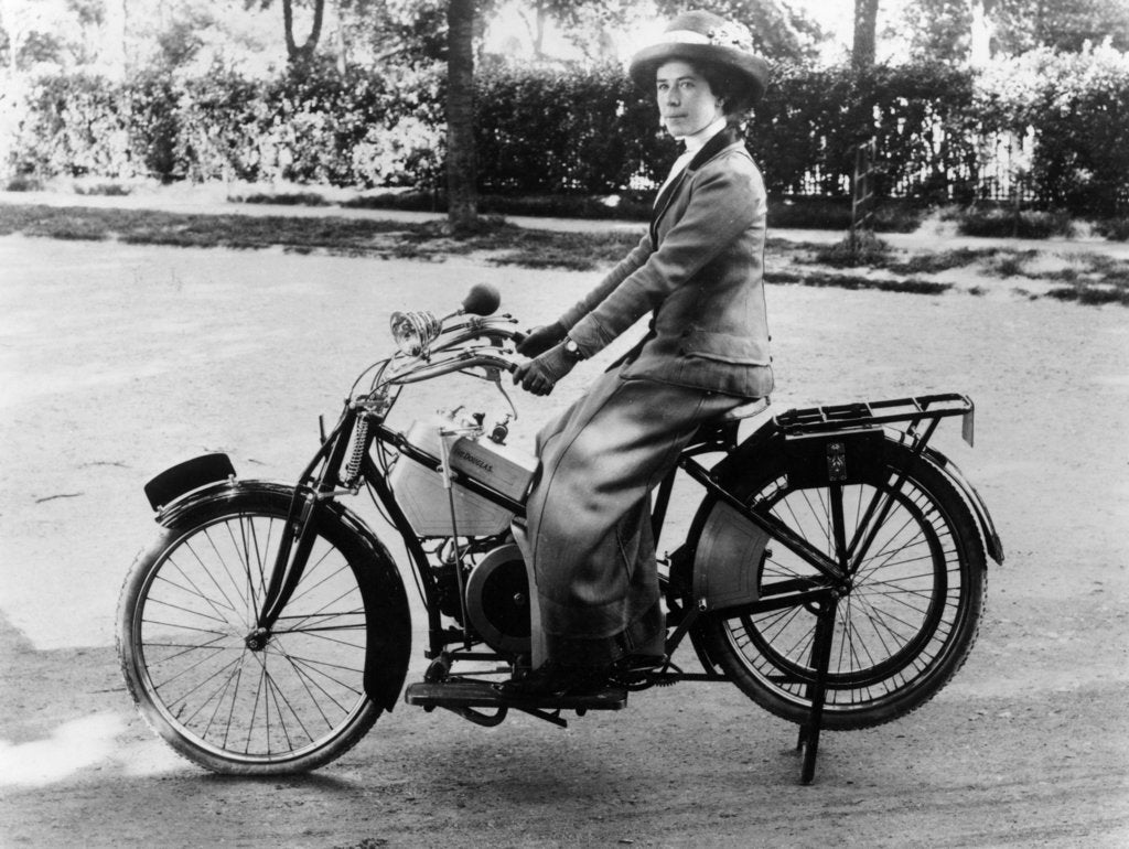 Detail of A woman on a Douglas motorbike, (c1913?) by Unknown
