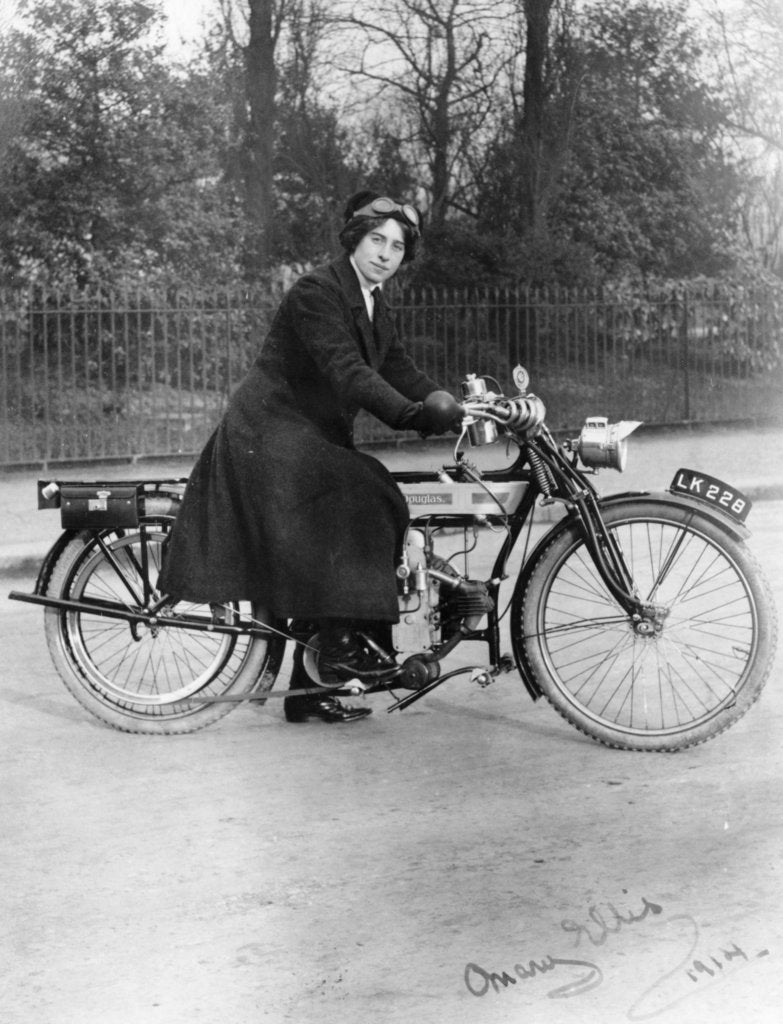 Detail of A woman on a Douglas motorbike, 1914 by Unknown