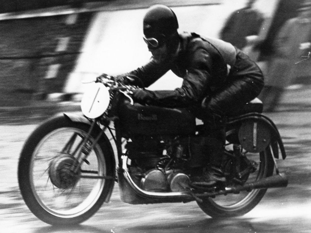 Detail of Ted Mellors winning the Lightweight TT Isle of Man race, on a 1939 Benelli by Anonymous