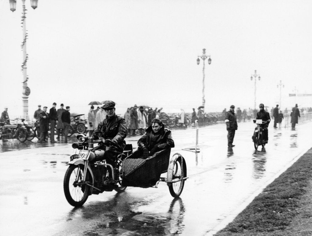 Detail of A Bat motorbike and sidecar taking part in the Pioneer Run, Brighton, 1913 by Unknown