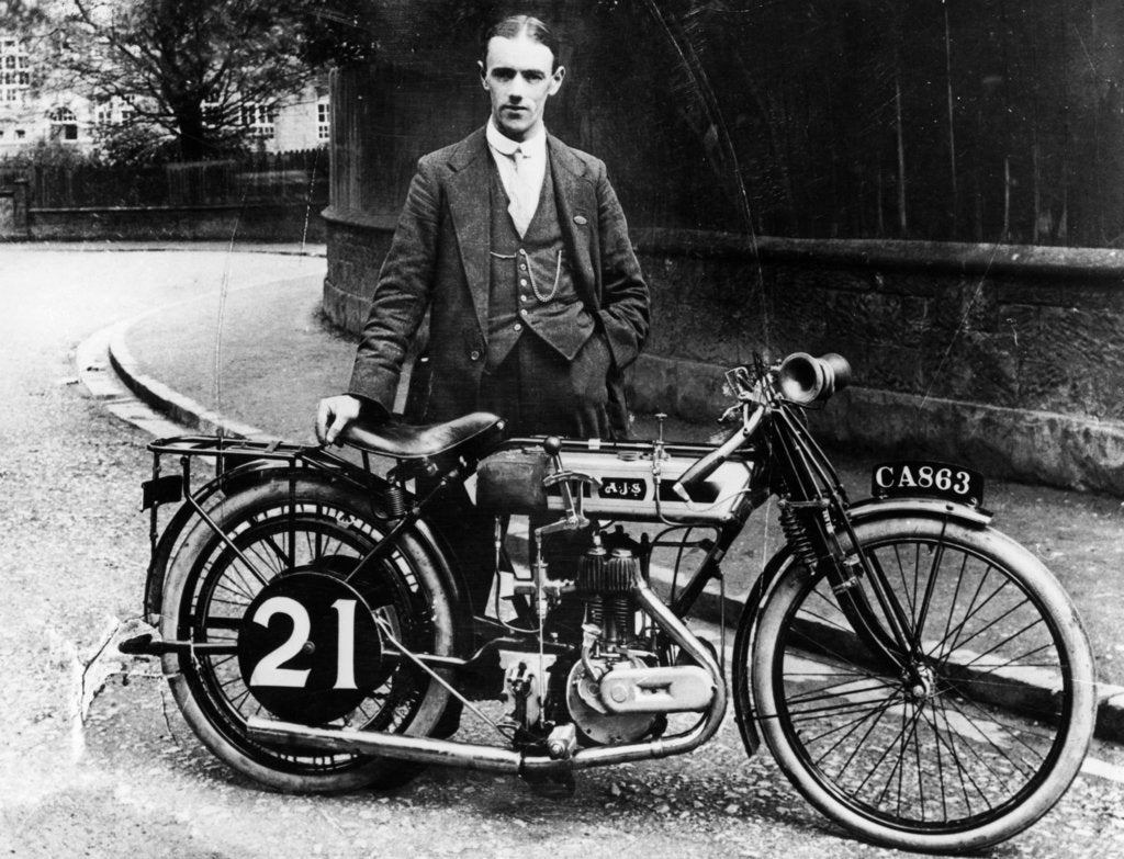 Detail of Billy Jones with an AJS motorbike, 1914 by Unknown