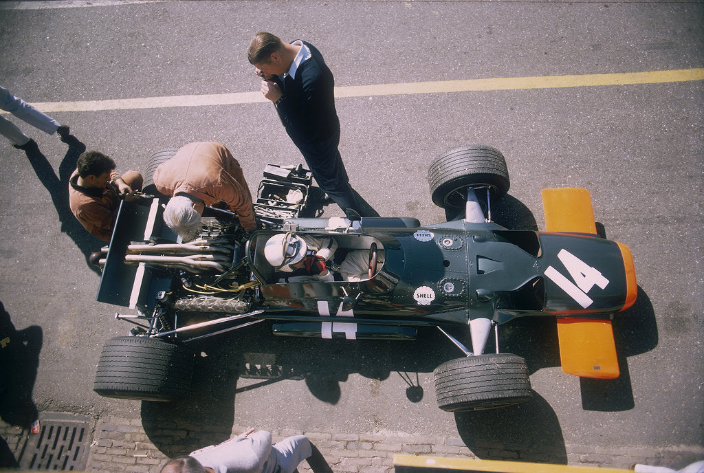 Detail of John Surtees in his BRM at the British Grand Prix, Silverstone, Northamptonshire, 1969 by Unknown