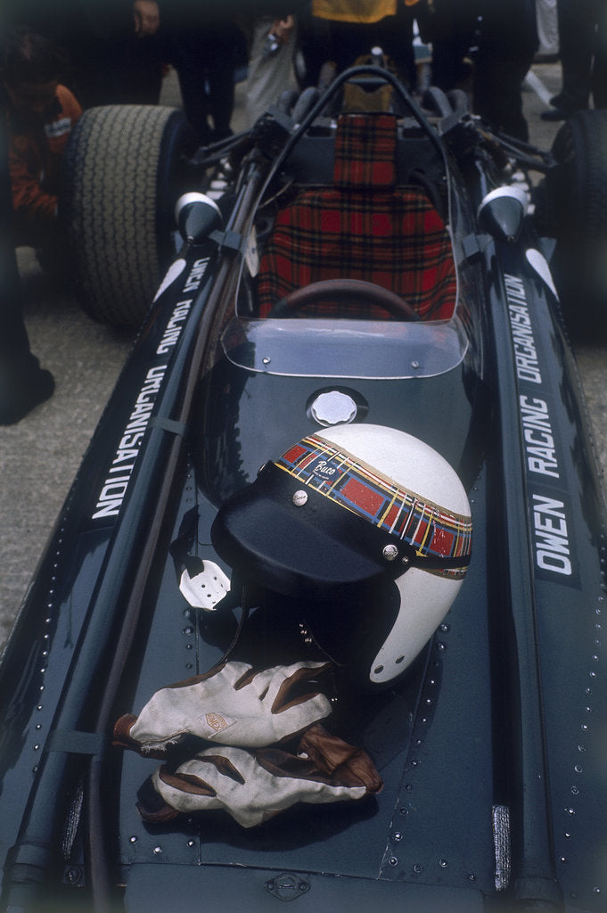 Detail of Jackie Stewart's racing helmet and gloves, British Grand Prix, 1967 by Unknown
