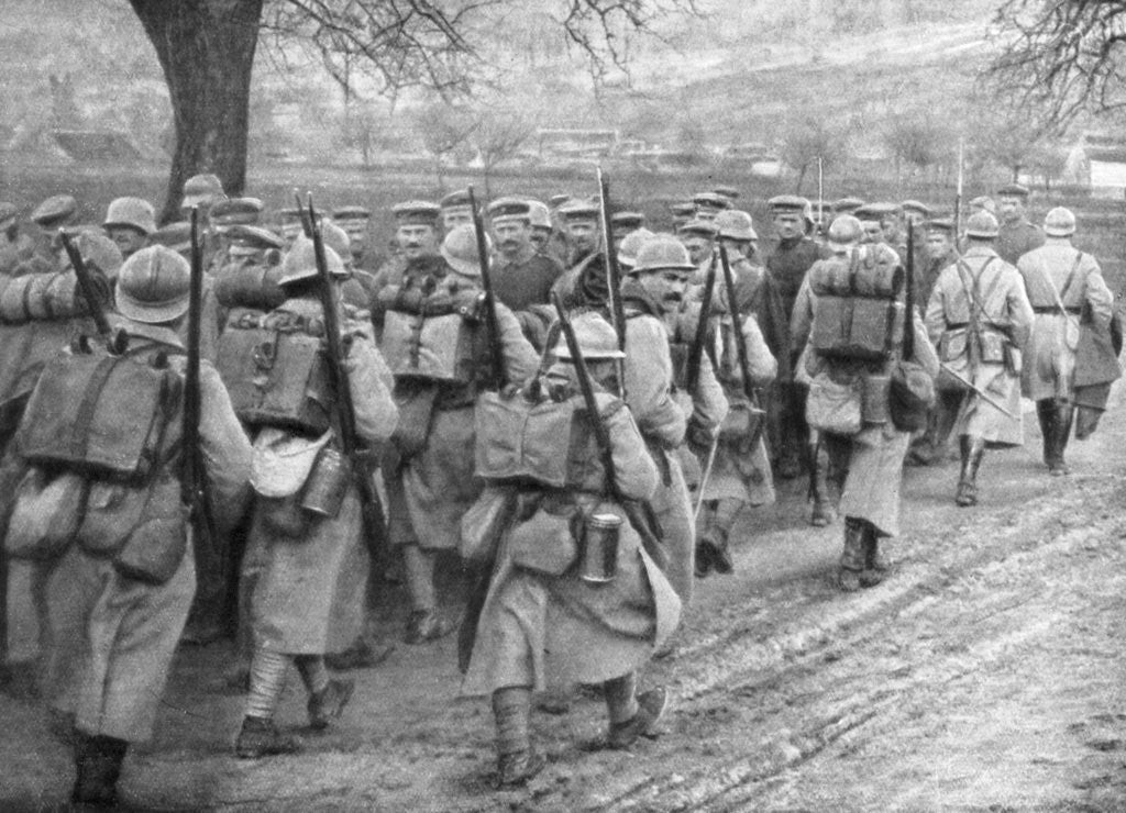 Detail of Relief French infantry passing a line of prisoners, Plessis-de-Roye, Picardy, France by Anonymous