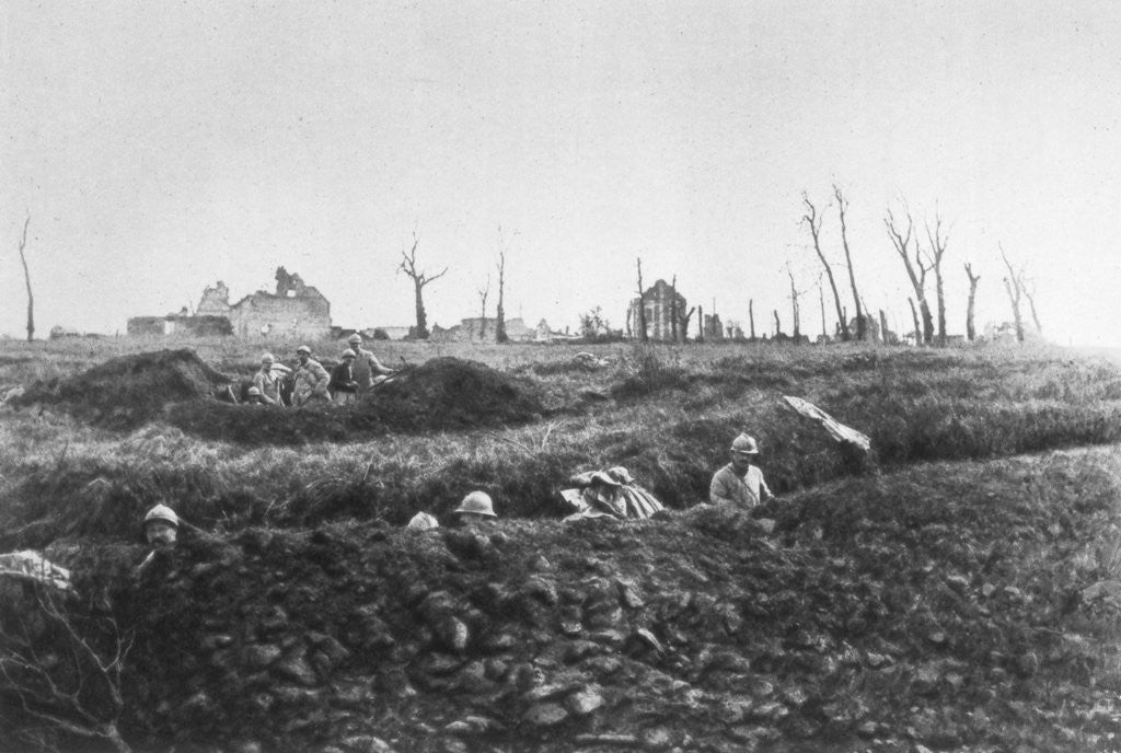 Detail of French infantry establishing fallback positions in front of a ruined farm, Picardy, France by Anonymous