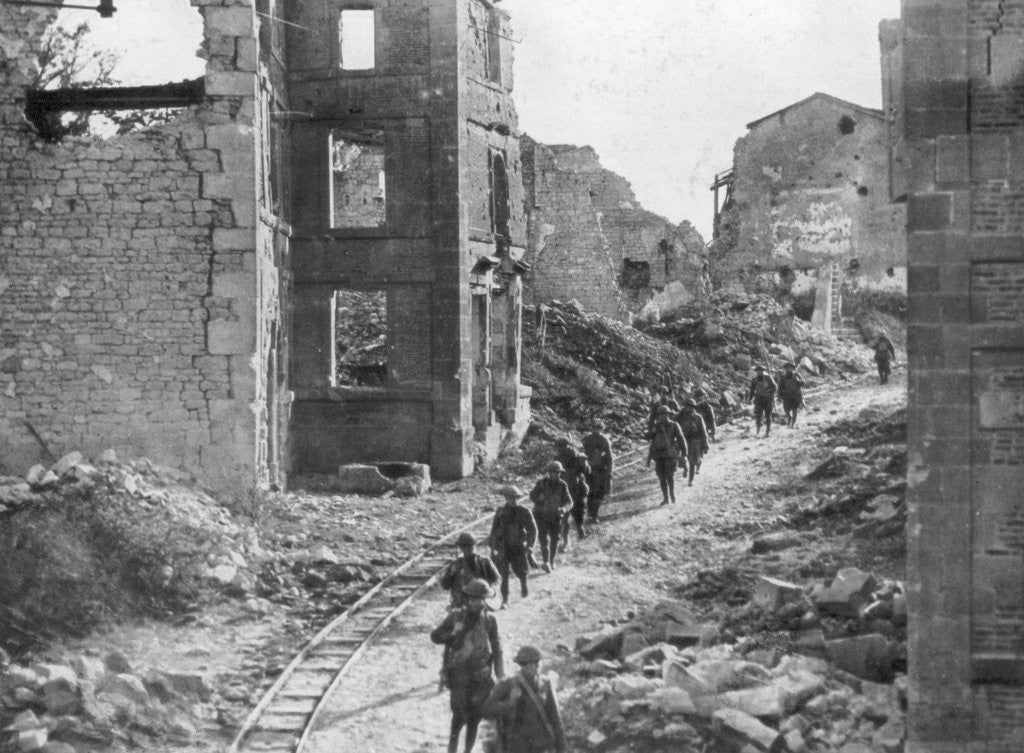 Detail of American soldiers passing through the ruins of Varennes, Meuse-Argonne Offensive, France by Anonymous