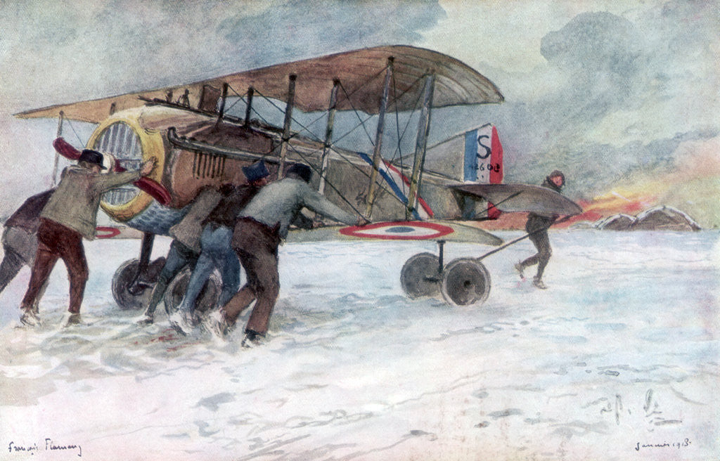 Detail of Ground crew attending to a French Spad on a snow-covered field by Francois Flameng
