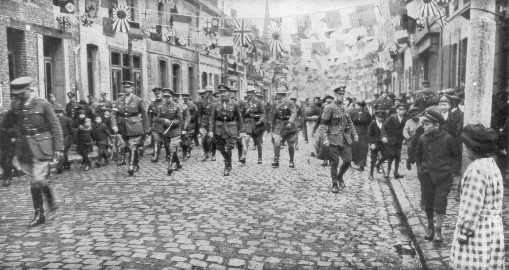 Detail of General Currie and Canadian troops walking through a liberated town by Anonymous