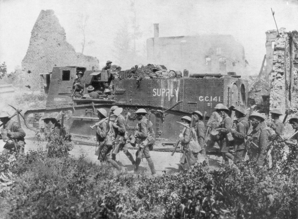 Detail of Allied troops marching through a liberated town by Anonymous