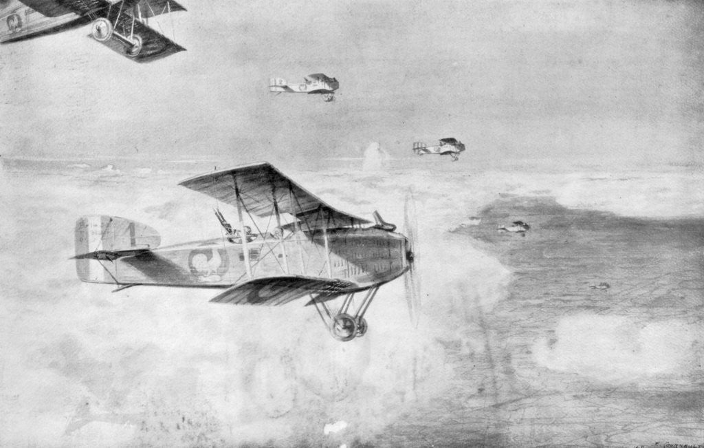 Detail of A French squadron of daytime bombers above a sea of clouds by Etienne Cournault