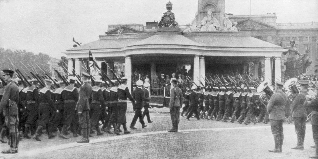 Detail of Victory parade passing the Victoria Memorial and Buckingham Palace, London by Anonymous