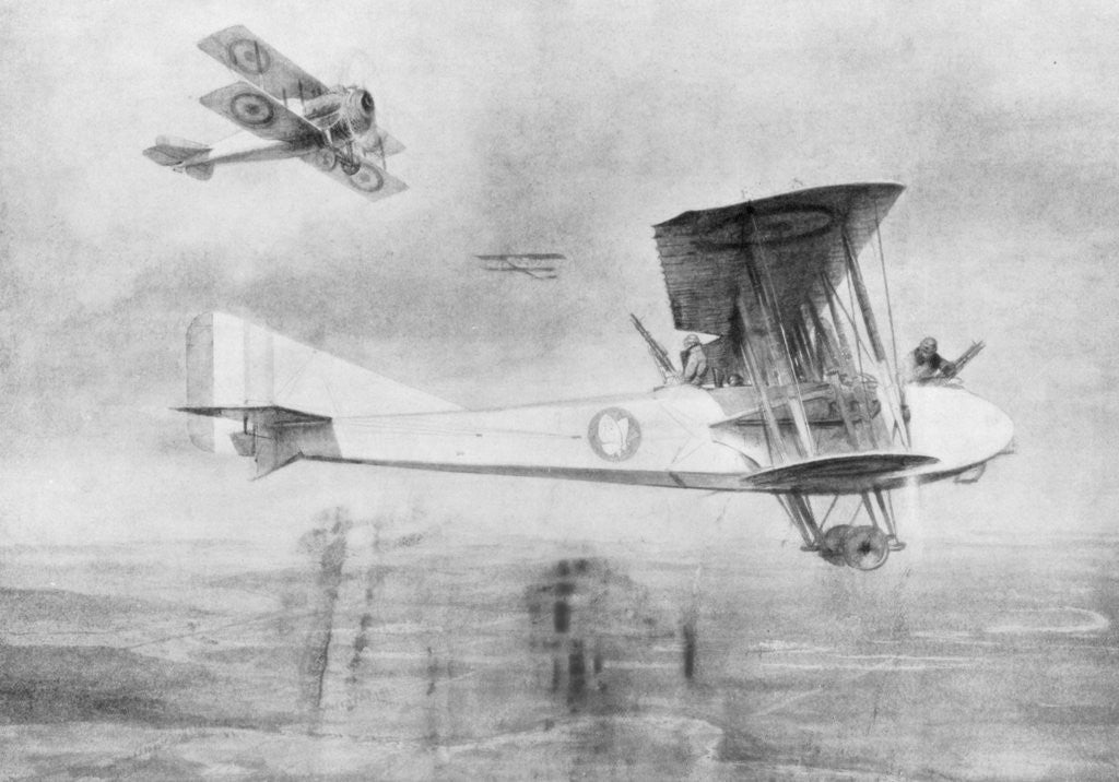 Detail of Three-seated aeroplane on a photographic mission, protected by a Spad fighter aircraft by Etienne Cournault