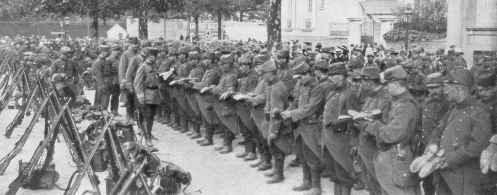 A colonel checking his soldiers' boots, Saint-Francois-Xavier, Paris, France, August 1914 by Anonymous