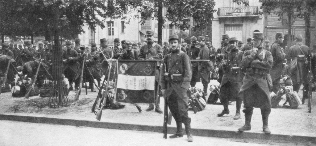 Detail of Troops and flag of the French 102nd infantry, Saint-Francois-Xavier, Paris, France, August 1914 by Anonymous