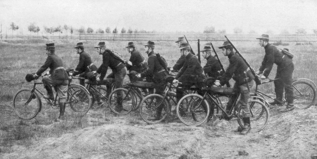 Detail of Belgian bicycle troops in Haelen, Belgium, August 1914 by Montigny