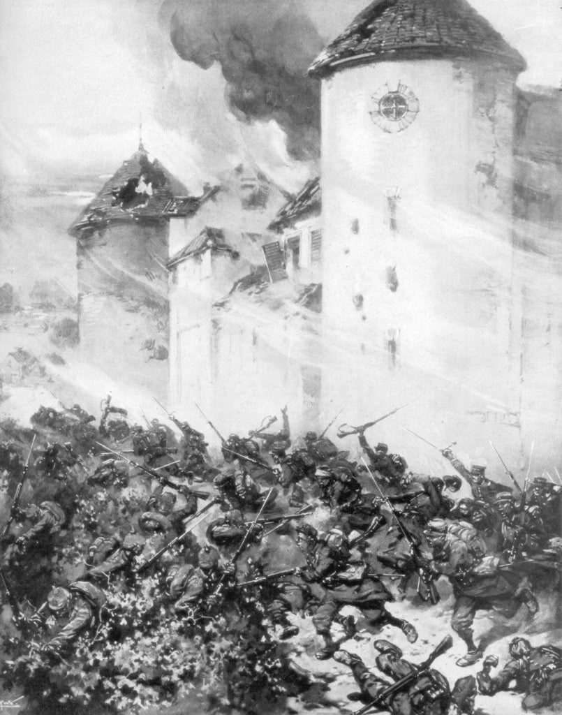 Detail of French and Germans battle under the walls of Chateau de Mondement, France by MHW Koekkok