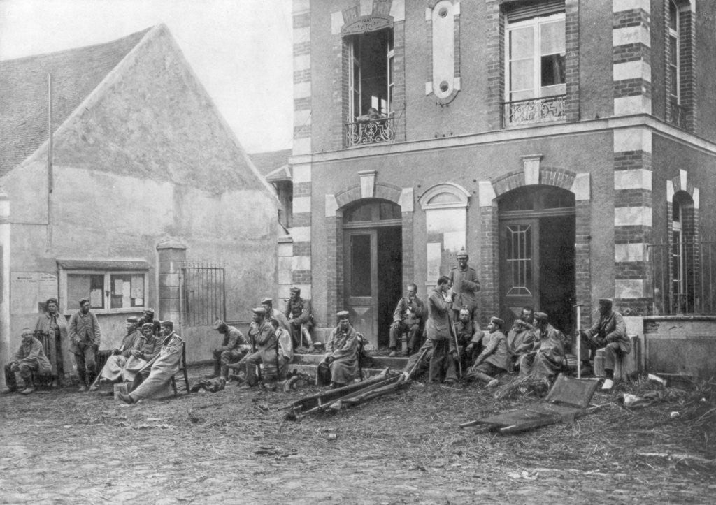 Detail of German troops sitting on the steps of the Vareddes Town Hall, France by Anonymous