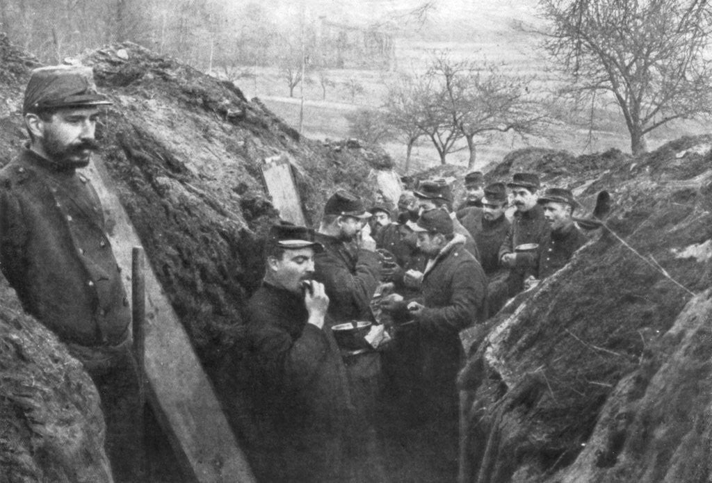 Detail of French soldiers in the trenches eating their rations, France by Anonymous