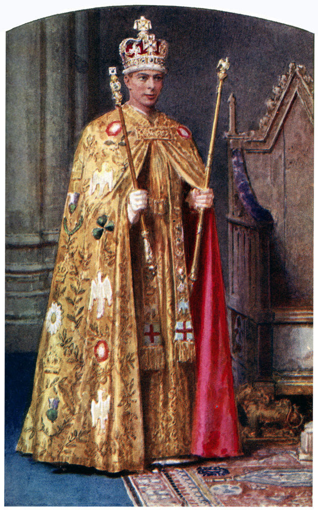 Detail of George VI in coronation robes: the Golden Imperial mantle, with St Edward's crown by Fortunino Matania