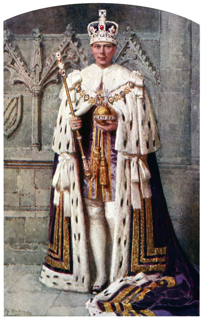 Detail of George VI in coronation robes: the Robe of Purple Velvet, with the Imperial State Crown by Fortunino Matania
