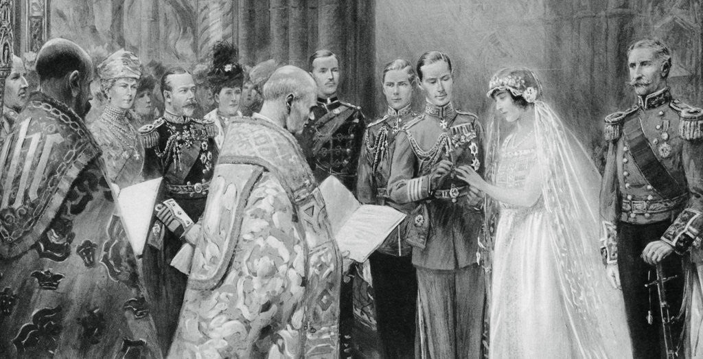 Detail of The Duke of York placing the ring on Lady Elizabeth Bowes-Lyon's finger by Anonymous