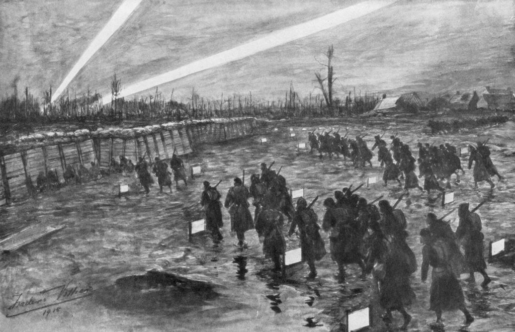 Detail of British troops advance under cover of darkness, Neuve-Chapelle, France by Frederic Villiers