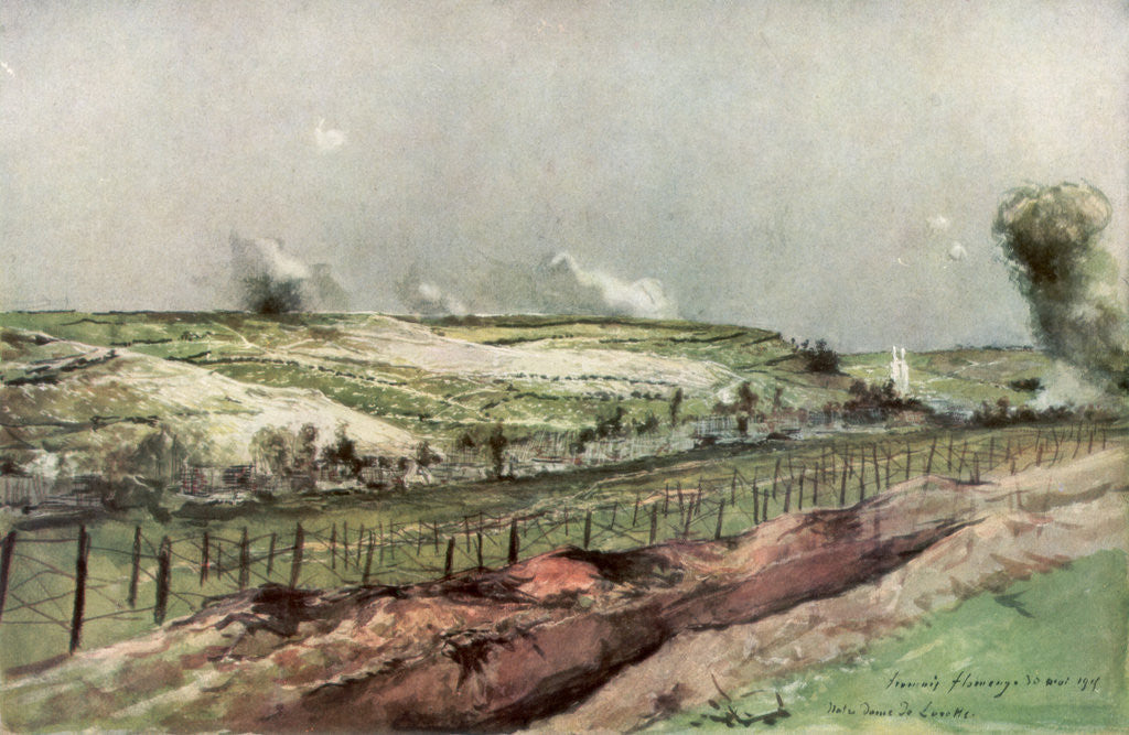 Detail of Notre Dame de Lorette and St Nazaire, Ablain, during bombardment by Francois Flameng