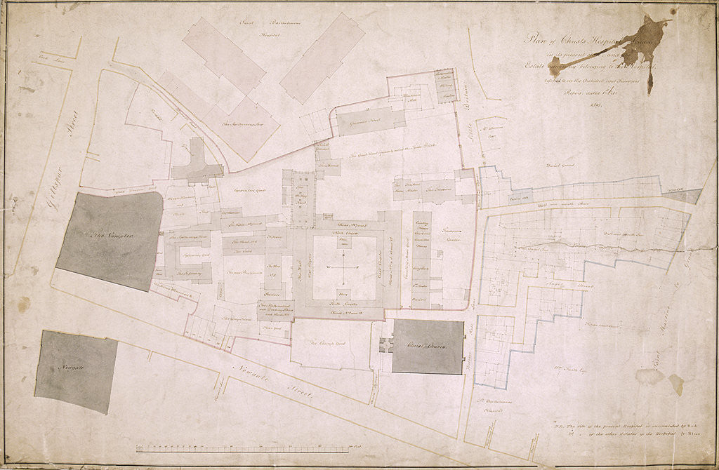 Detail of Plan of Christ's Hospital, Newgate Street, London and its adjoining estate by Anonymous