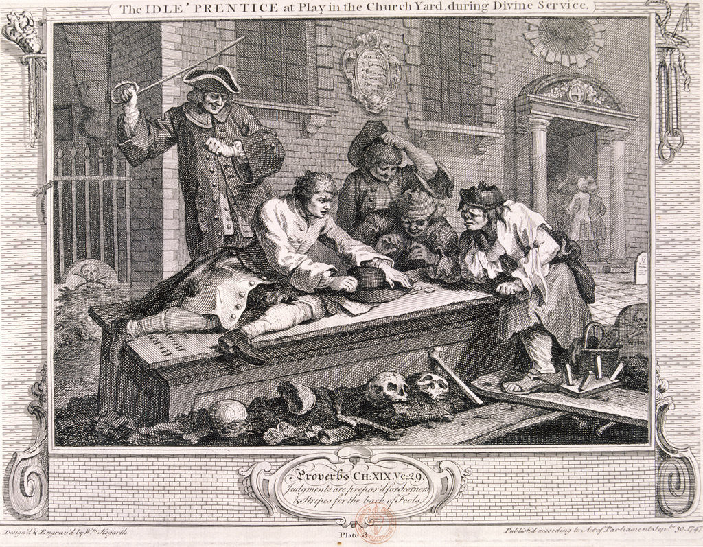 Detail of The idle 'prentice at play in the church yard...', plate III of Industry and Idleness 1747 by William Hogarth