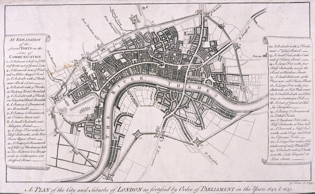 Detail of Map of London showing English Civil War Fortifications, c1642 by George Vertue
