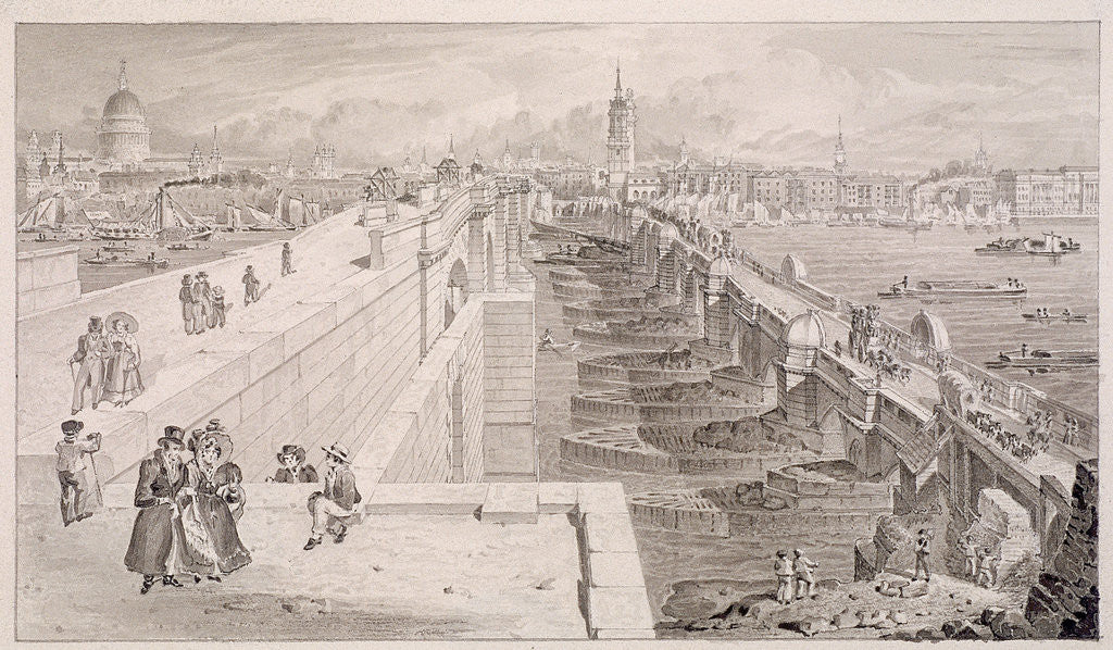 Detail of London Bridge (old and new),London by Thomas Hosmer Shepherd