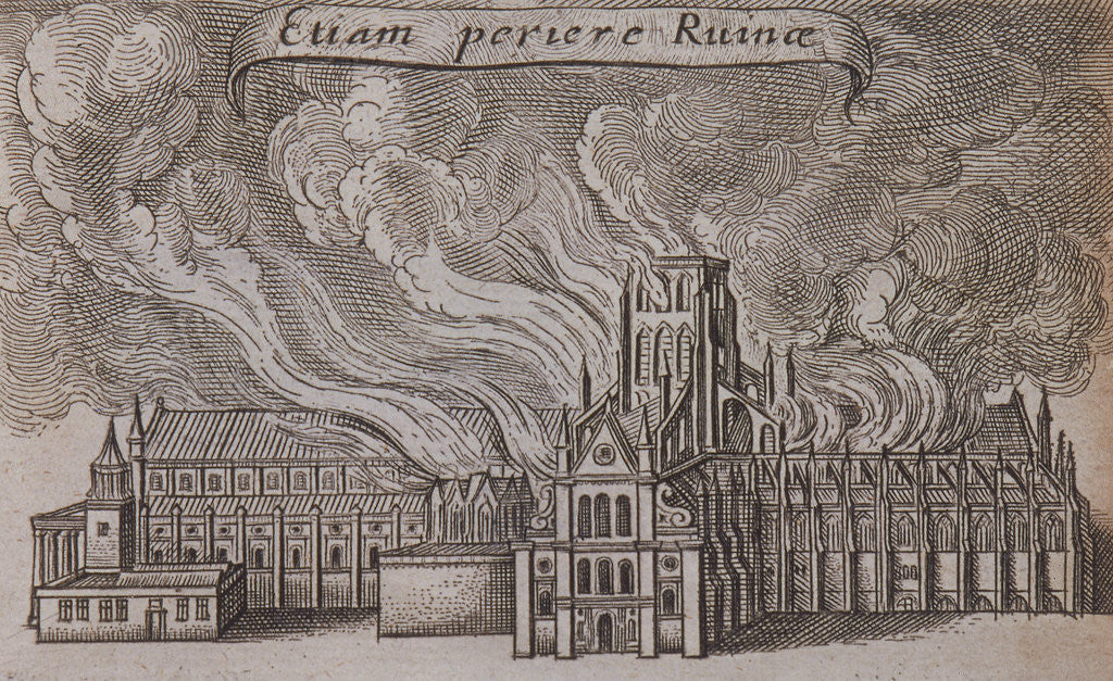 Detail of St Paul's Cathedral (old), London, on fire by Wenceslaus Hollar