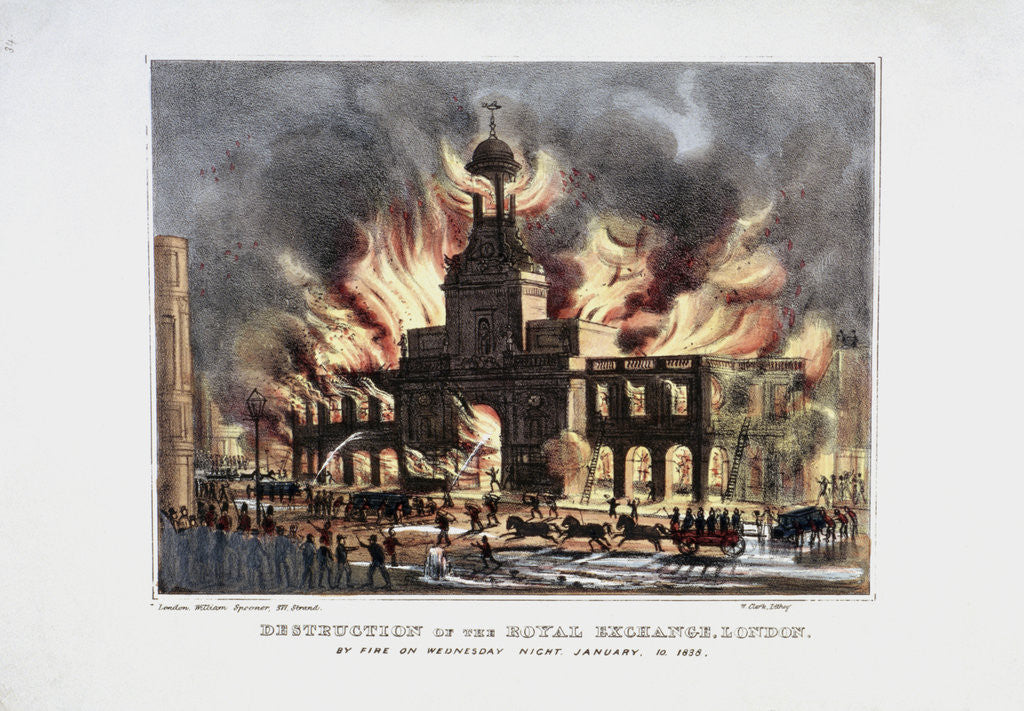 Detail of Destruction of the Royal Exchange' (2nd) fire, London by W Clerk