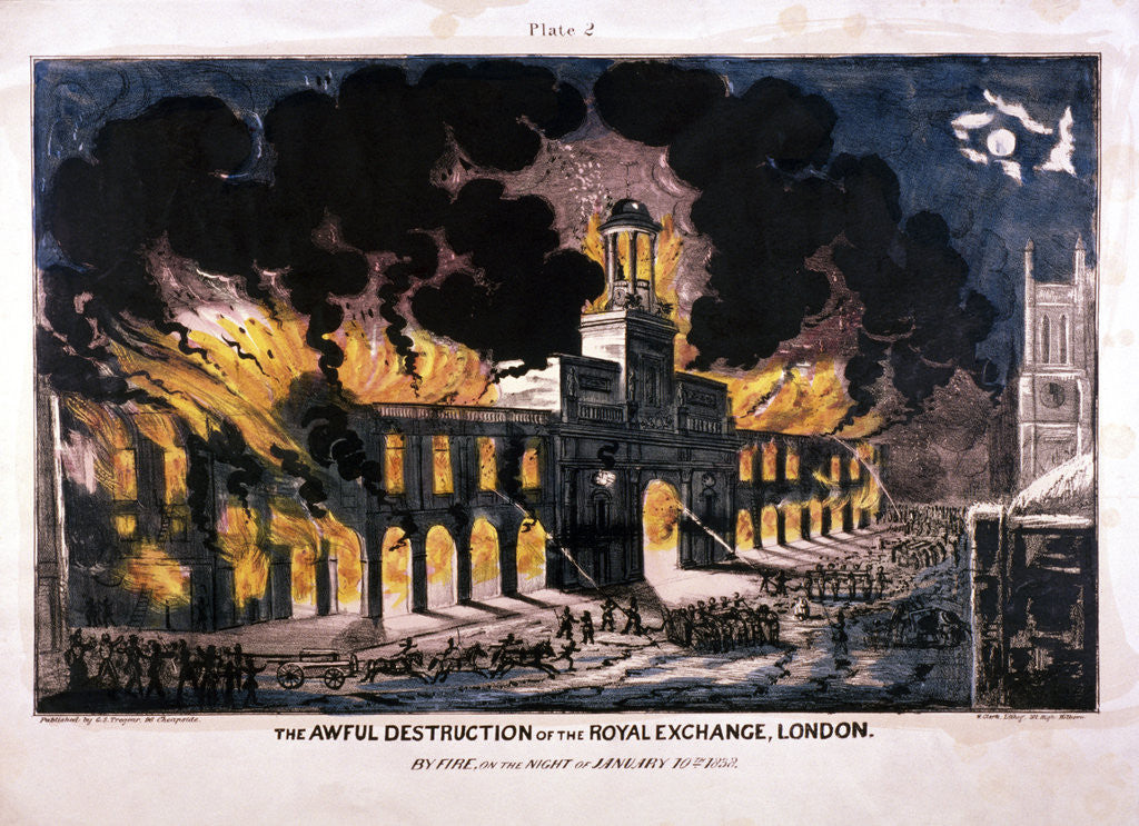 Detail of The Awful Destruction of the Royal Exchange (2nd) fire, London by W Clerk