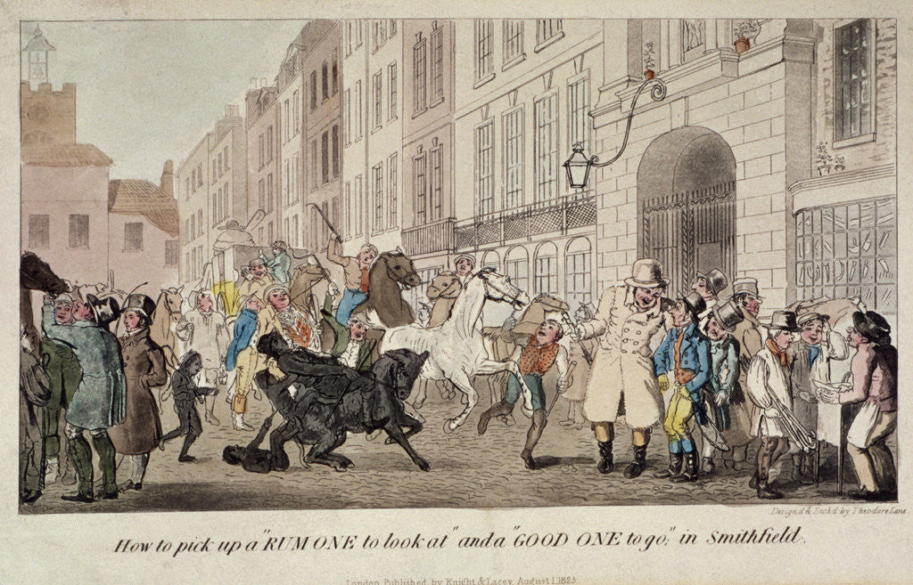 Detail of People bargaining for mounts at West Smithfield, London by Theodore Lane