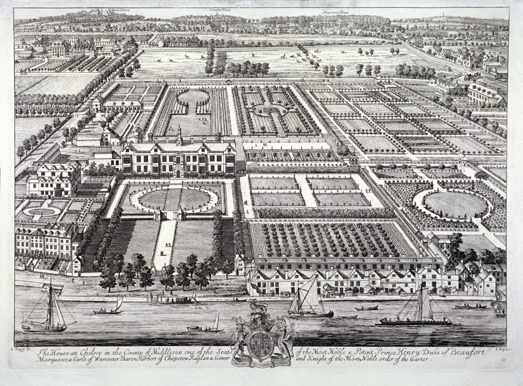 Aerial view of the seat of the Dukes of Beaufort, Chelsea, London by Johannes Kip