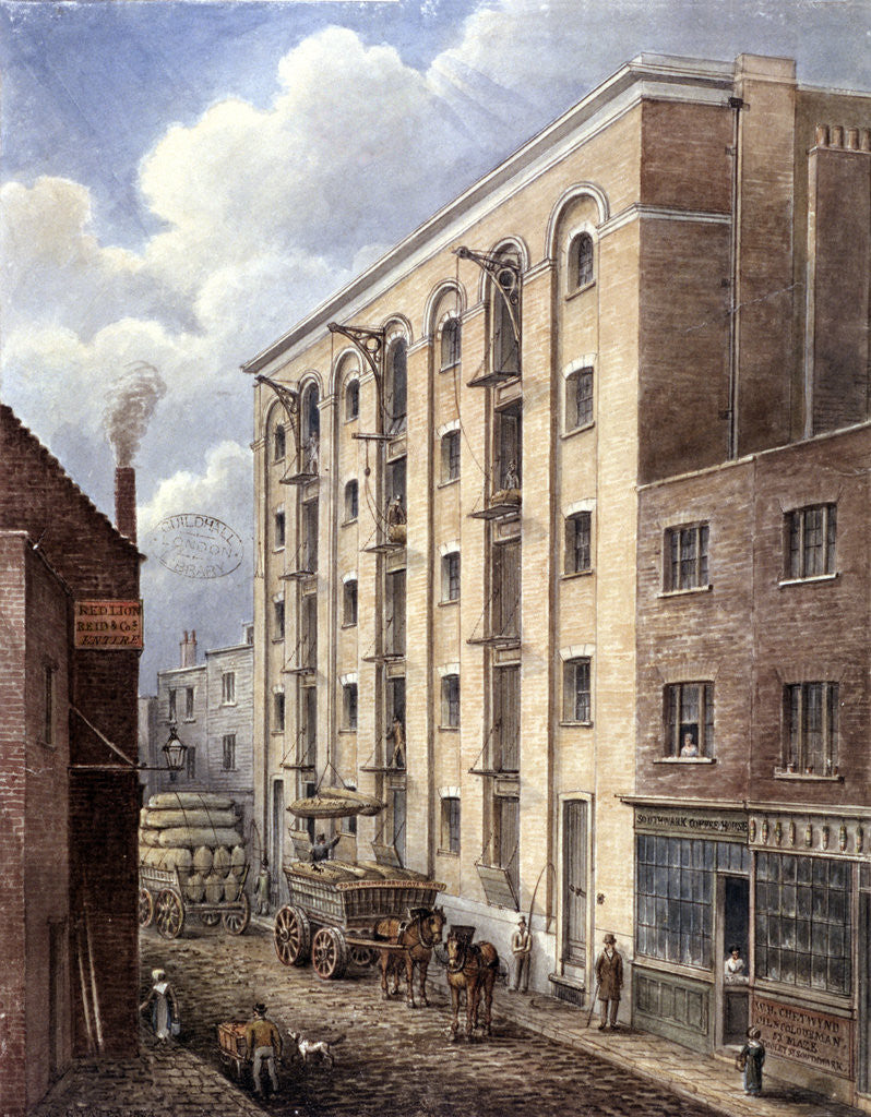 Detail of Hay's Wharf with carts being loaded up outside, Bermondsey, London by Anonymous