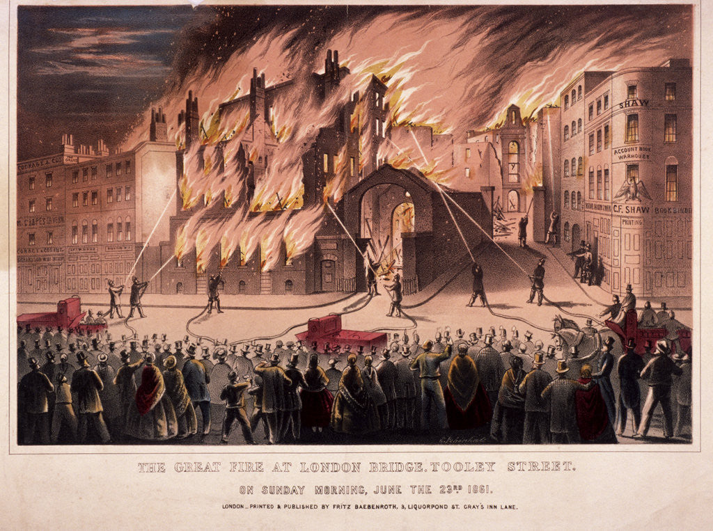 Detail of Firemen fighting the blaze at the Cotton's Wharf Fire, Bermondsey, London by Anonymous