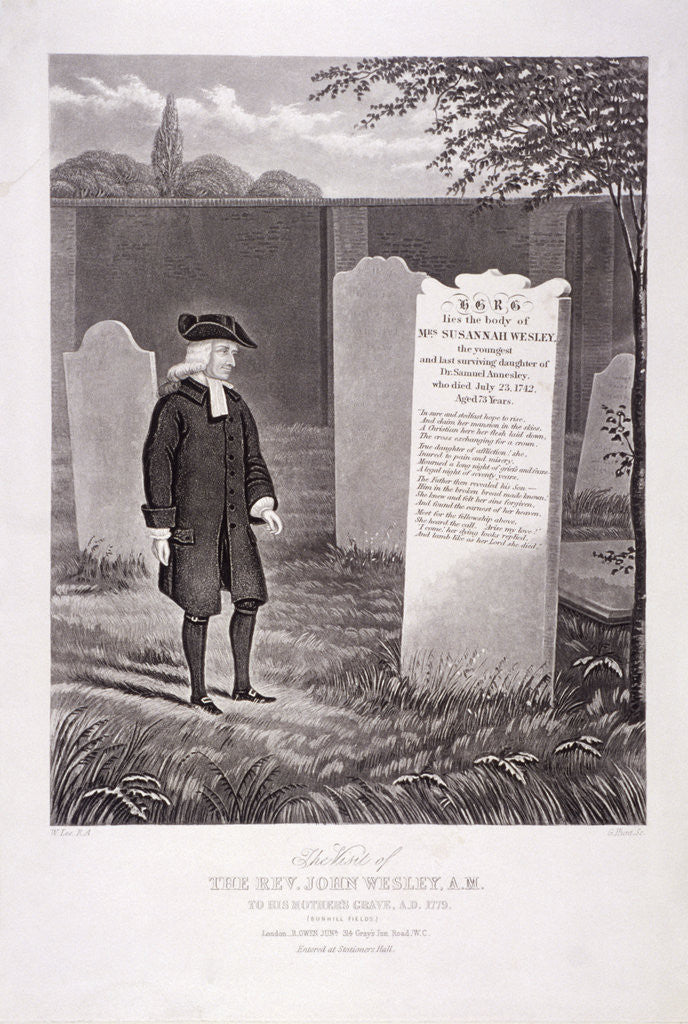 Detail of John Wesley visiting his mother's grave in 1779, Bunhill Fields, Finsbury, London by G Hunt