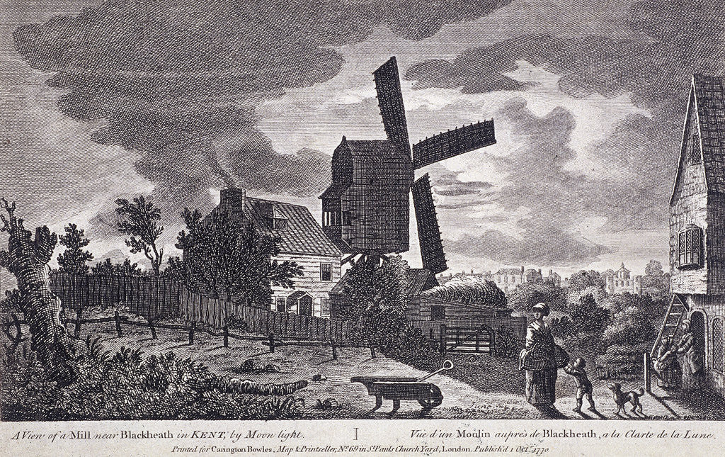Detail of A mill on Blackheath by moonlight; including figures and a windmill, Greenwich, London by John June