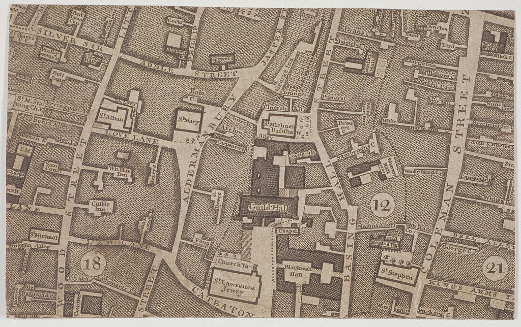 Detail of Plan of Guildhall and the neighbourhood around Guildhall, London by John Rocque