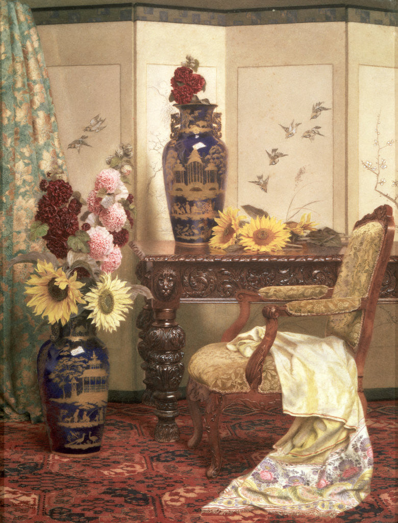 Detail of Sunflowers and hollyhocks by Kate Hayllar