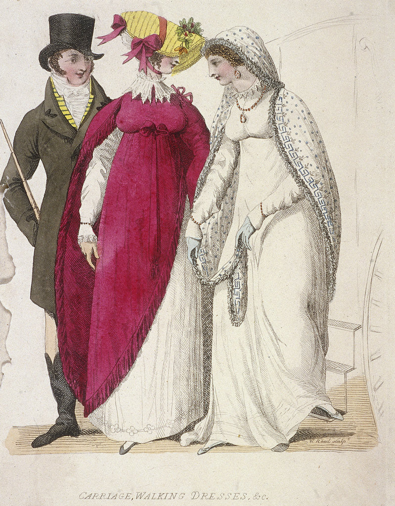 Detail of Two women wearing walking dresses accompanied by a man by W Read