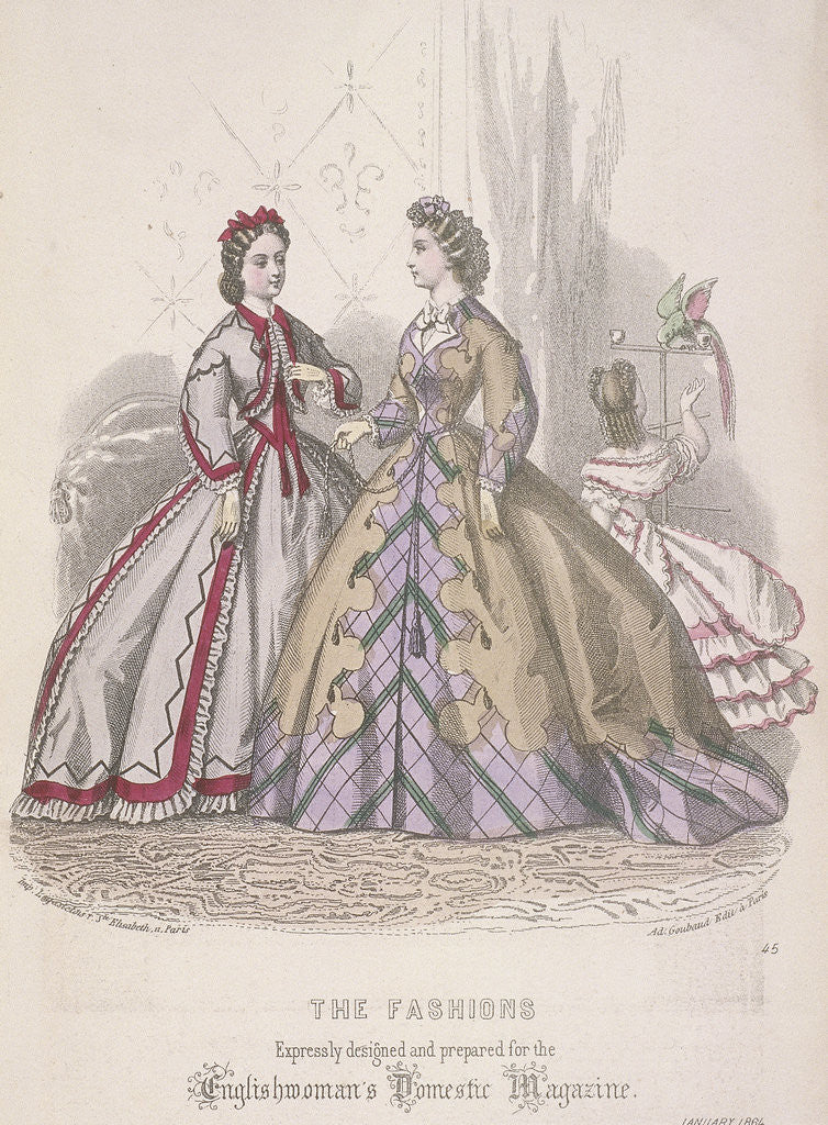 Two women and a child playing with a parrot model the latest fashions, 1864 by Anonymous