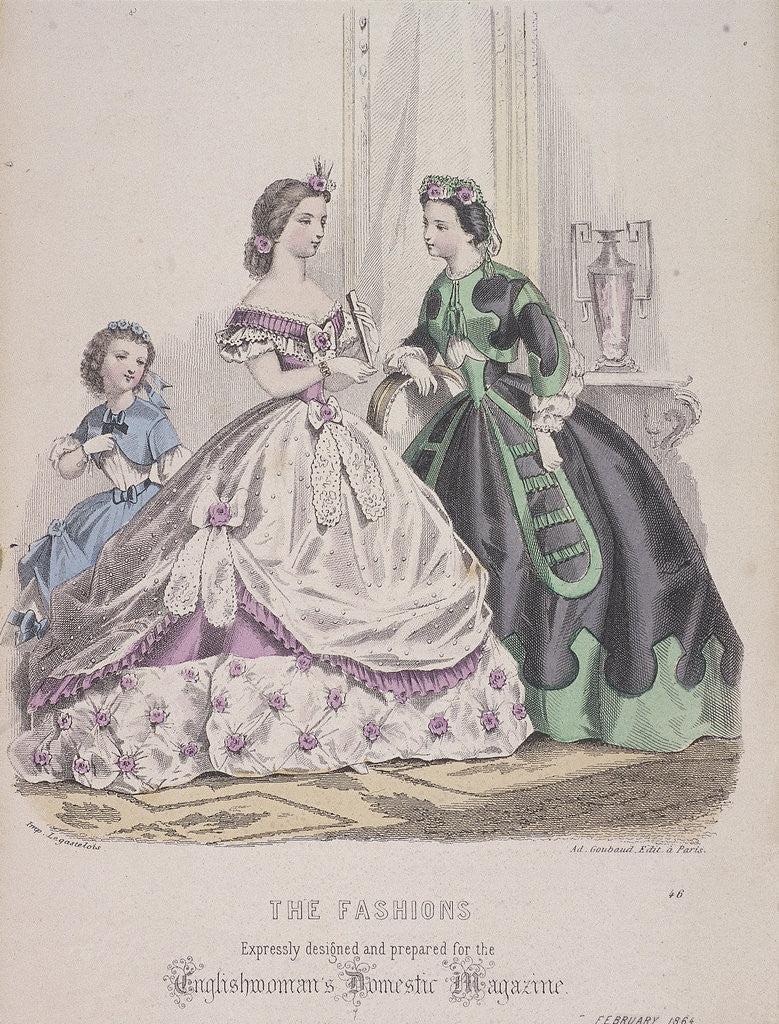 Detail of Two women and a child wearing the latest fashions by Anonymous