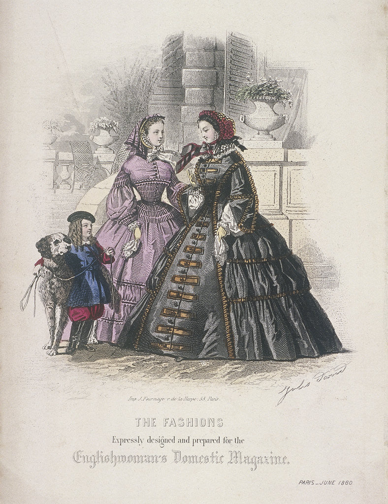 Detail of Two women and a child with a dog wearing the latest fashions by Anonymous