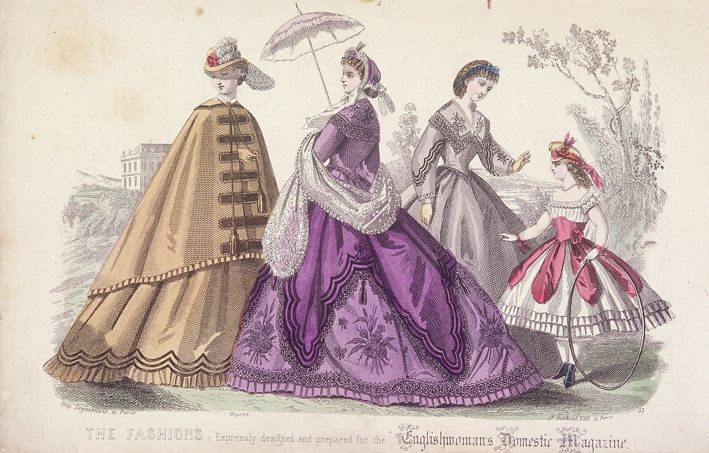 Detail of Three women and a child wearing the latest fashions by Anonymous