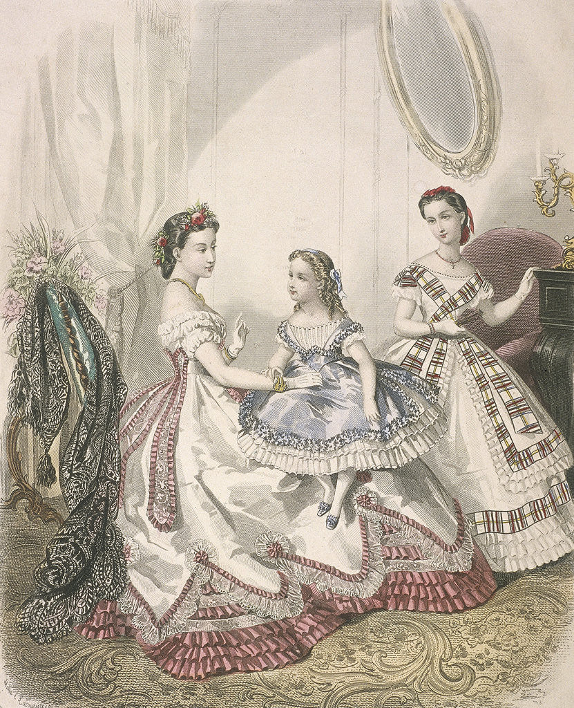Detail of Two women and a small girl wearing the latest indoor fashions by Millia Lacouriere