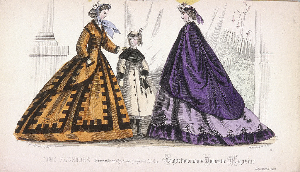 Detail of Two women and a child wearing the latest fashions by Anonymous