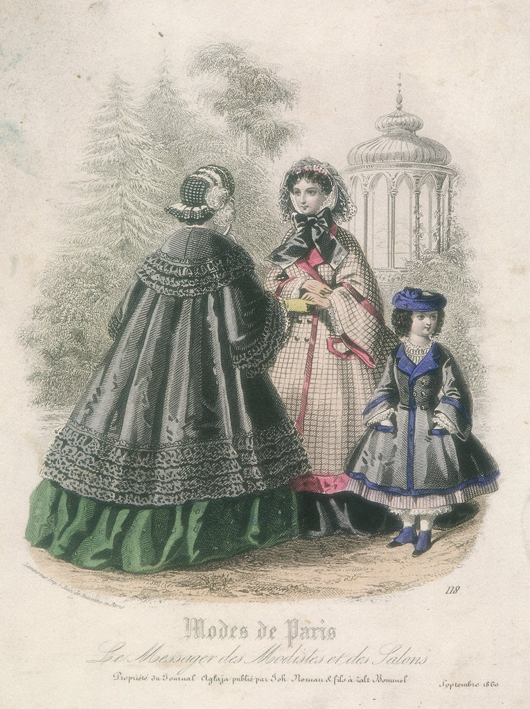 Detail of Two women and a child wearing the latest fashions in a garden setting by Anonymous